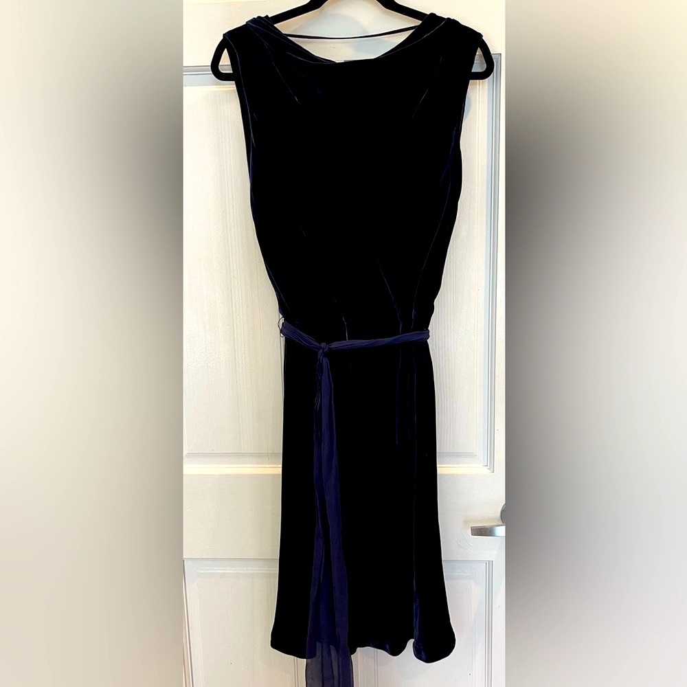 BCBGMaxAzria blue velvet cowl neck dress